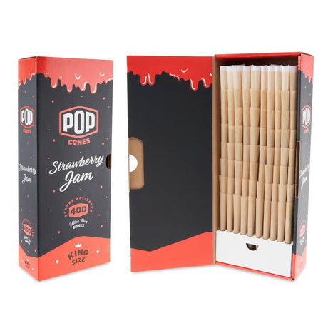 Front view of the Pop Cones king size 400ct bulk packaging in a branded cardboard carton. This massive 400-count wholesale box provides dispensaries, processors, and heavy consumers with an uninterrupted supply of premium pre-rolled cones.