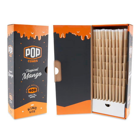 Front view of the Pop Cones king size 400ct bulk packaging in a branded cardboard carton. This massive 400-count wholesale box provides dispensaries, processors, and heavy consumers with an uninterrupted supply of premium pre-rolled cones.