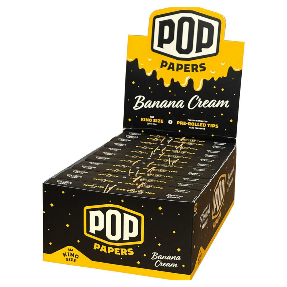 Front view of the Pop Cones king size flavored tips display box featuring a vibrant multi-colored design. This wholesale retail package holds premium king size pre-rolled cones featuring an innovative squeeze-and-pop flavor bead built directly into the filter tip.