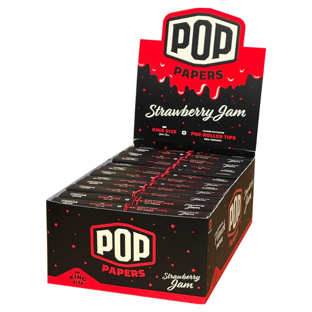 Front view of the Pop Cones king size flavored tips display box featuring a vibrant multi-colored design. This wholesale retail package holds premium king size pre-rolled cones featuring an innovative squeeze-and-pop flavor bead built directly into the filter tip.