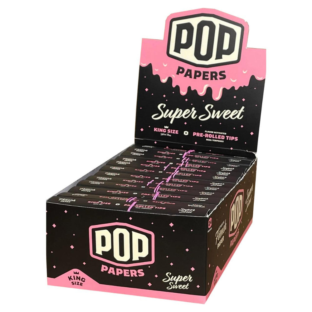 Front view of the Pop Cones king size flavored tips display box featuring a vibrant multi-colored design. This wholesale retail package holds premium king size pre-rolled cones featuring an innovative squeeze-and-pop flavor bead built directly into the filter tip.