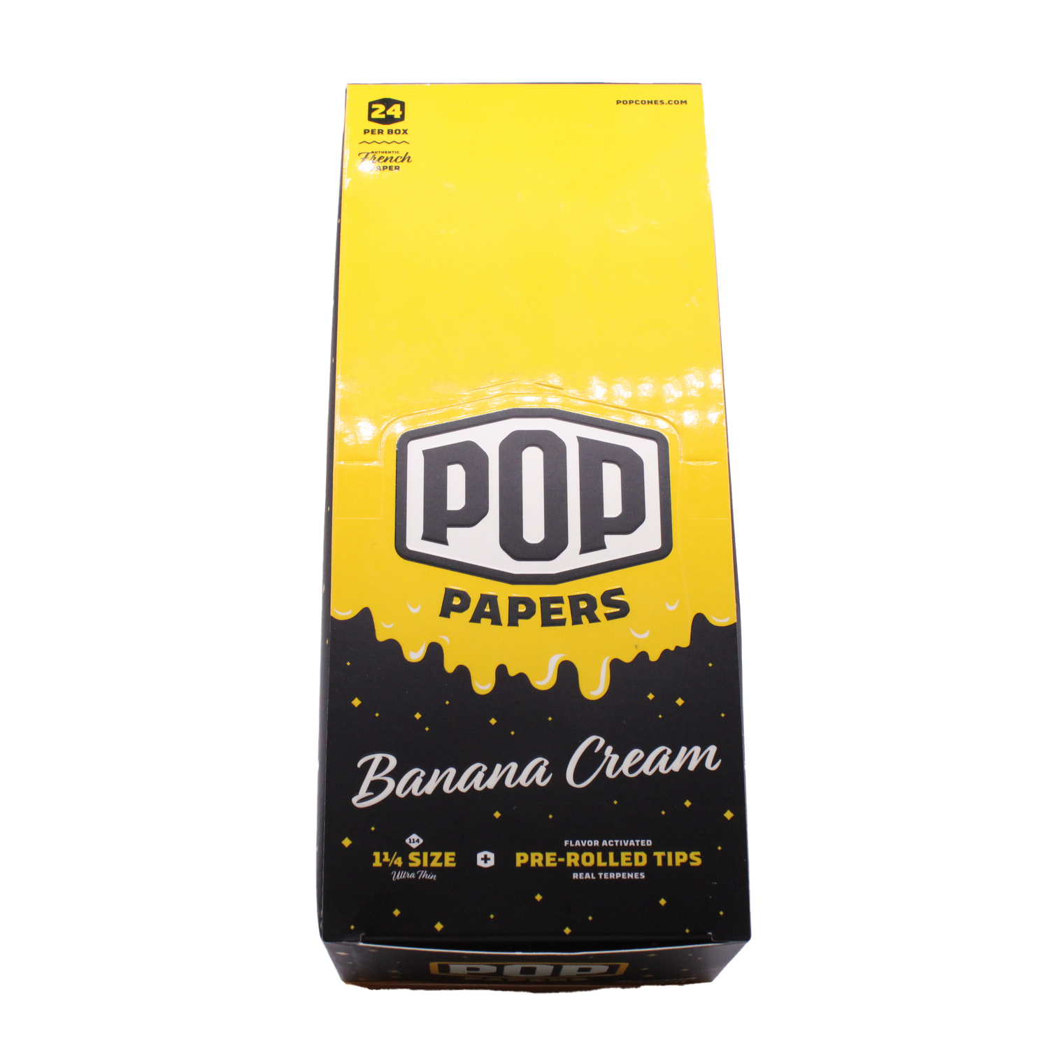Front view of the POP Papers Banana Cream rolling papers booklet in vibrant yellow. This specialized preparation accessory puts complete taste control directly in the user's hands.