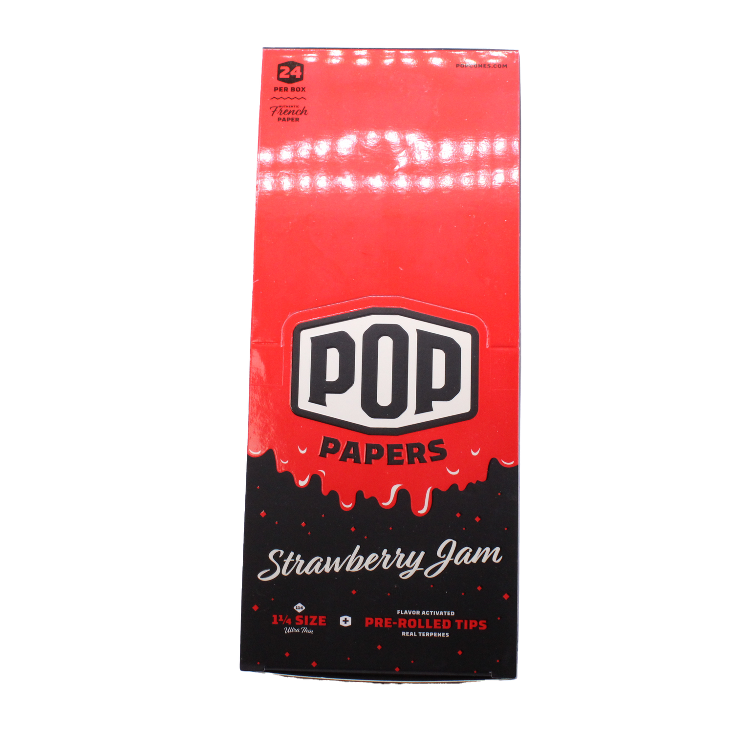 Front view of the POP Papers Strawberry Jam rolling papers booklet in a bold red finish. This product relies on botanical extracts rather than harsh chemical sprays to generate its recognizable aromas.