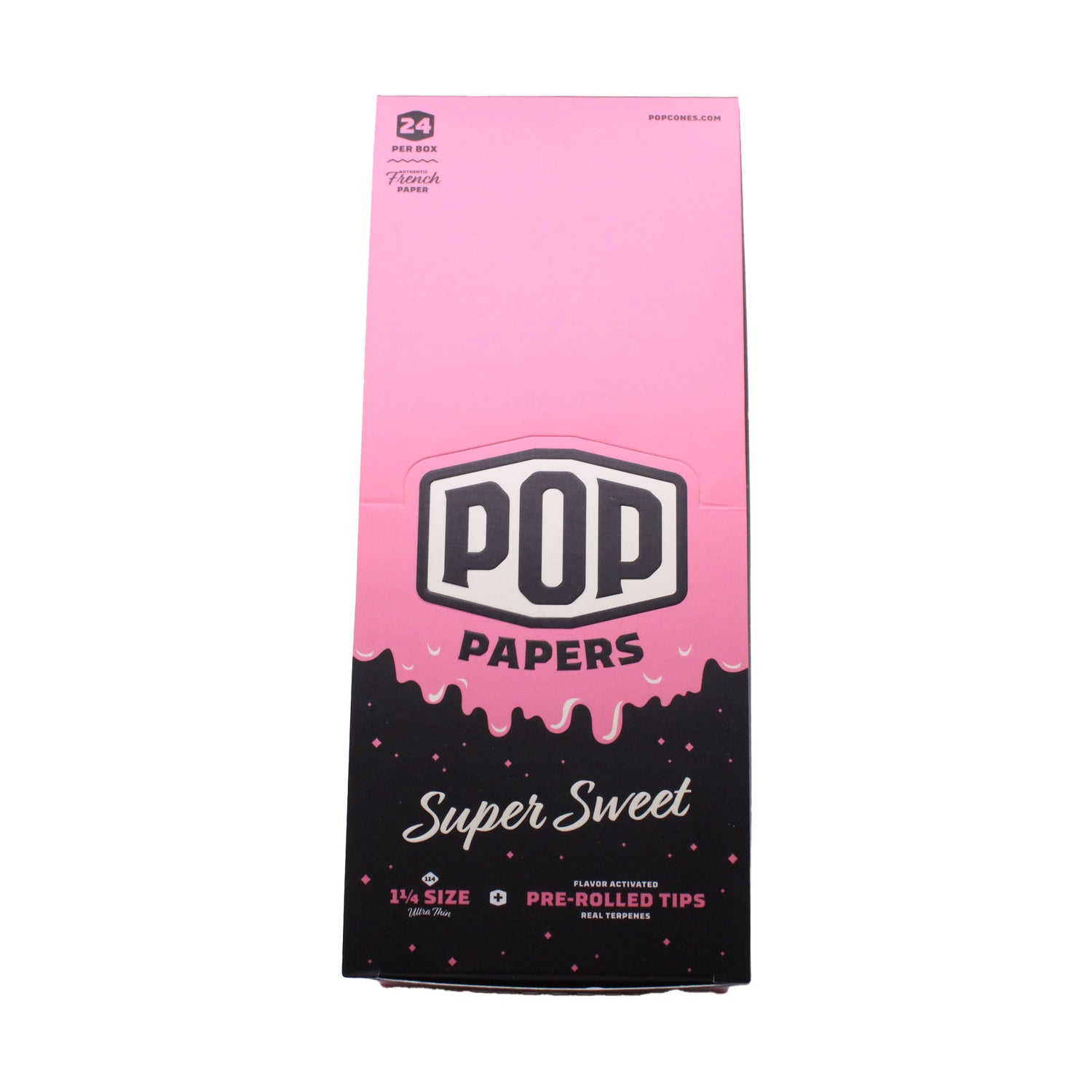 Front view of the POP Papers Super Sweet rolling papers booklet in light blue. Each booklet pairs genuine, fine French paper with specially engineered filter crutches for immediate, on-the-go rolling.