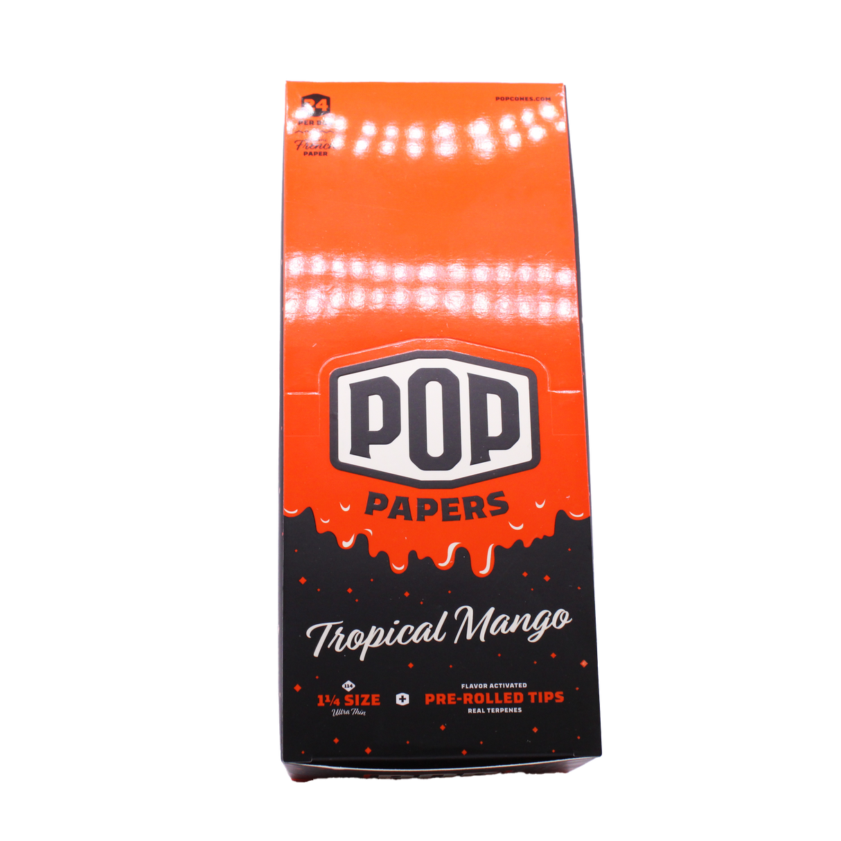Front view of the POP Papers Tropical Mango rolling papers booklet featuring bright orange styling. The traditional 78mm paper dimensions comfortably hold enough ground material for a personal-sized session.