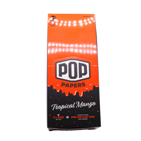 Front view of the POP Papers Tropical Mango rolling papers booklet featuring bright orange styling. The traditional 78mm paper dimensions comfortably hold enough ground material for a personal-sized session.