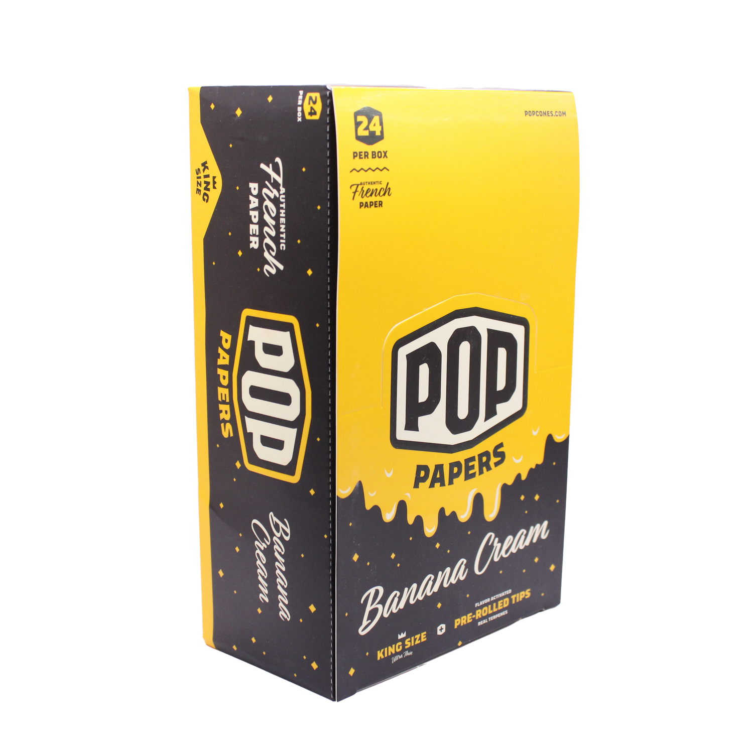 Angled view of the POP Papers Banana Cream rolling papers display in bright yellow. Each pack includes 32 king size leaves and 12 interactive squeeze-and-pop flavor tips.