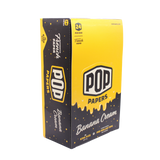 Angled view of the POP Papers Banana Cream rolling papers display in bright yellow. Each pack includes 32 king size leaves and 12 interactive squeeze-and-pop flavor tips.