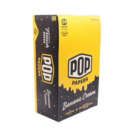 Angled view of the POP Papers Banana Cream rolling papers display in bright yellow. Each pack includes 32 king size leaves and 12 interactive squeeze-and-pop flavor tips.