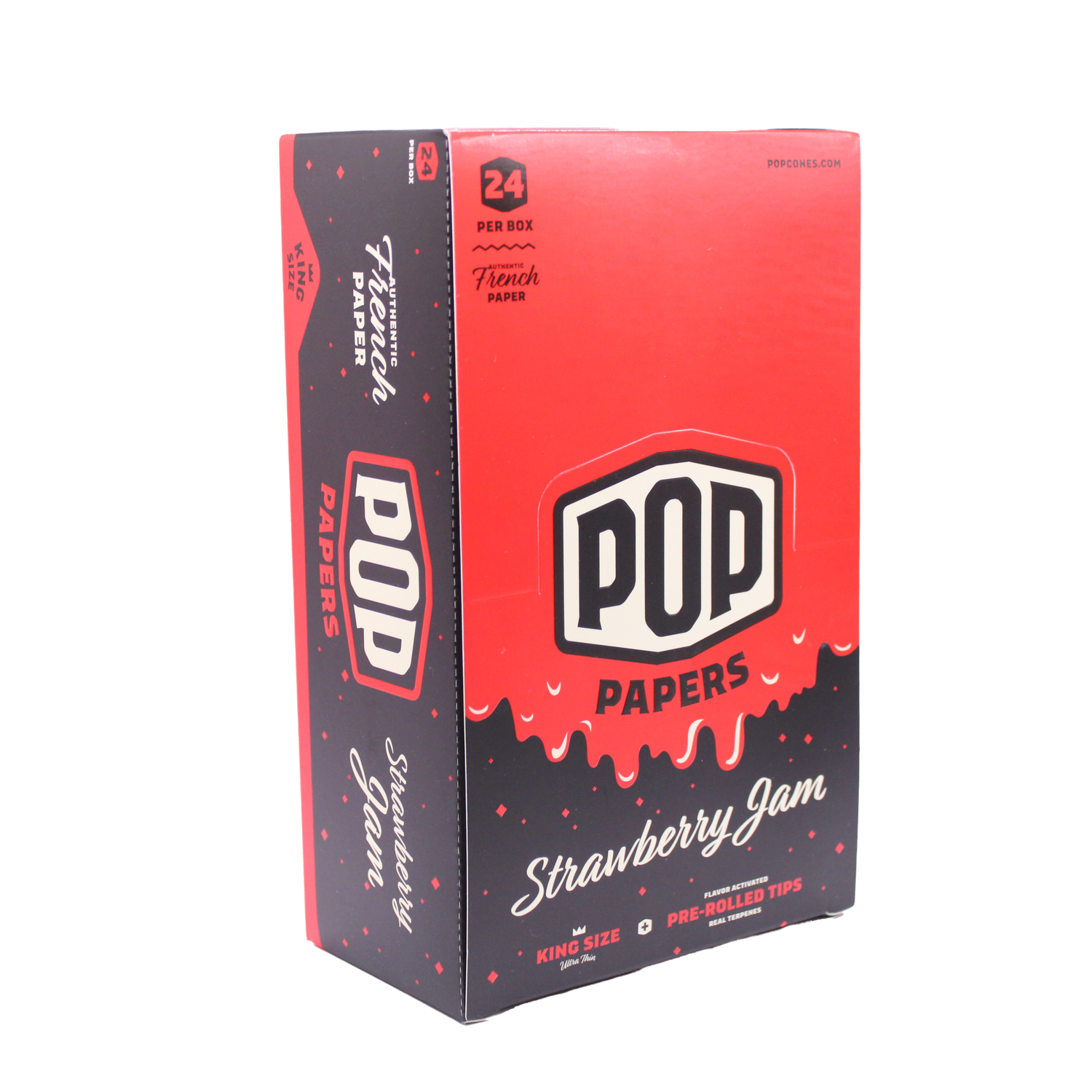Angled view of the POP Papers Strawberry Jam rolling papers display in bright red. Each pack includes 32 king size leaves and 12 interactive squeeze-and-pop flavor tips.