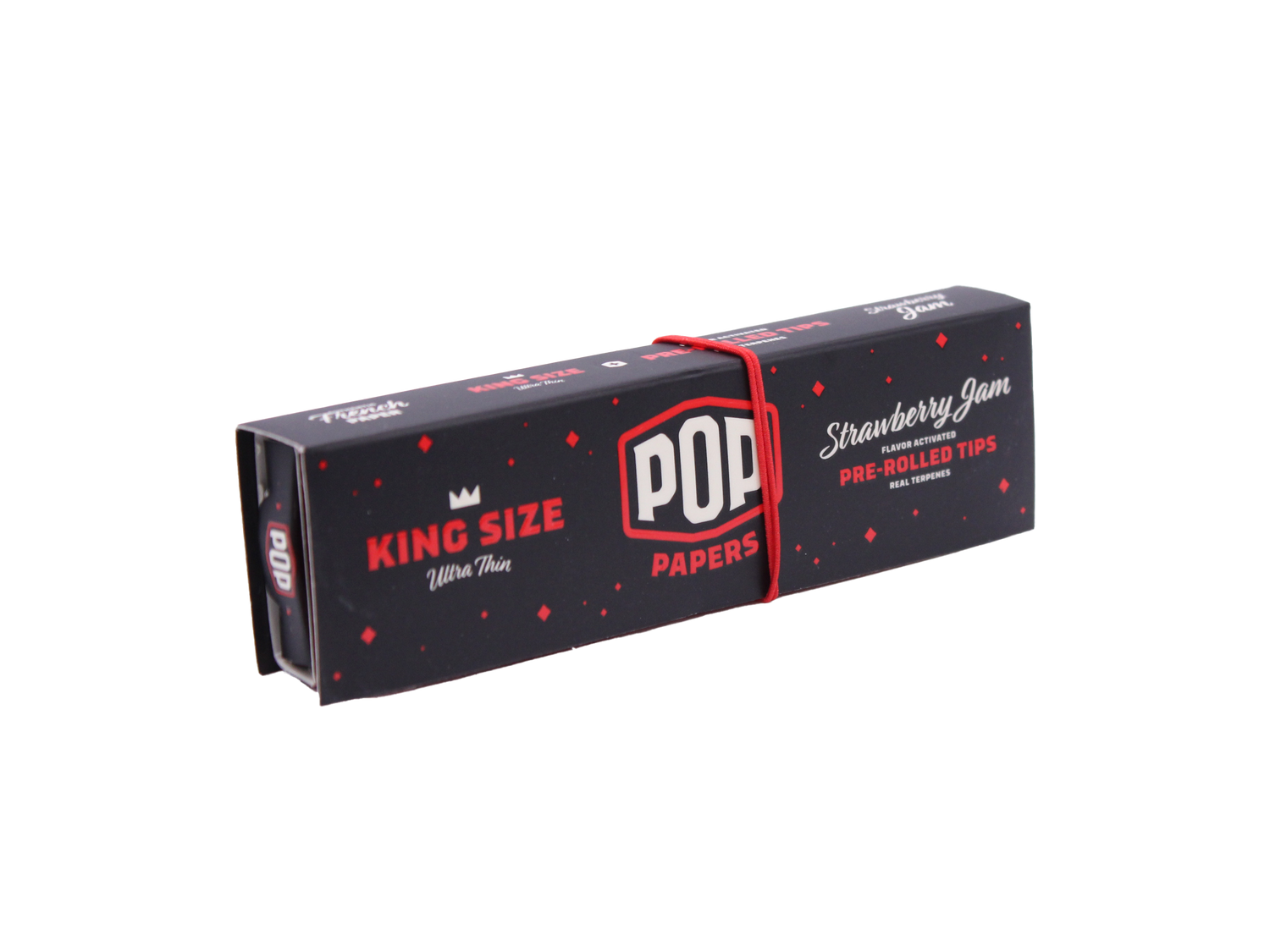 Angled overhead view of the red POP Papers Strawberry Jam booklet. The crushable filter beads are filled with fruit-derived terpenes for customized taste.