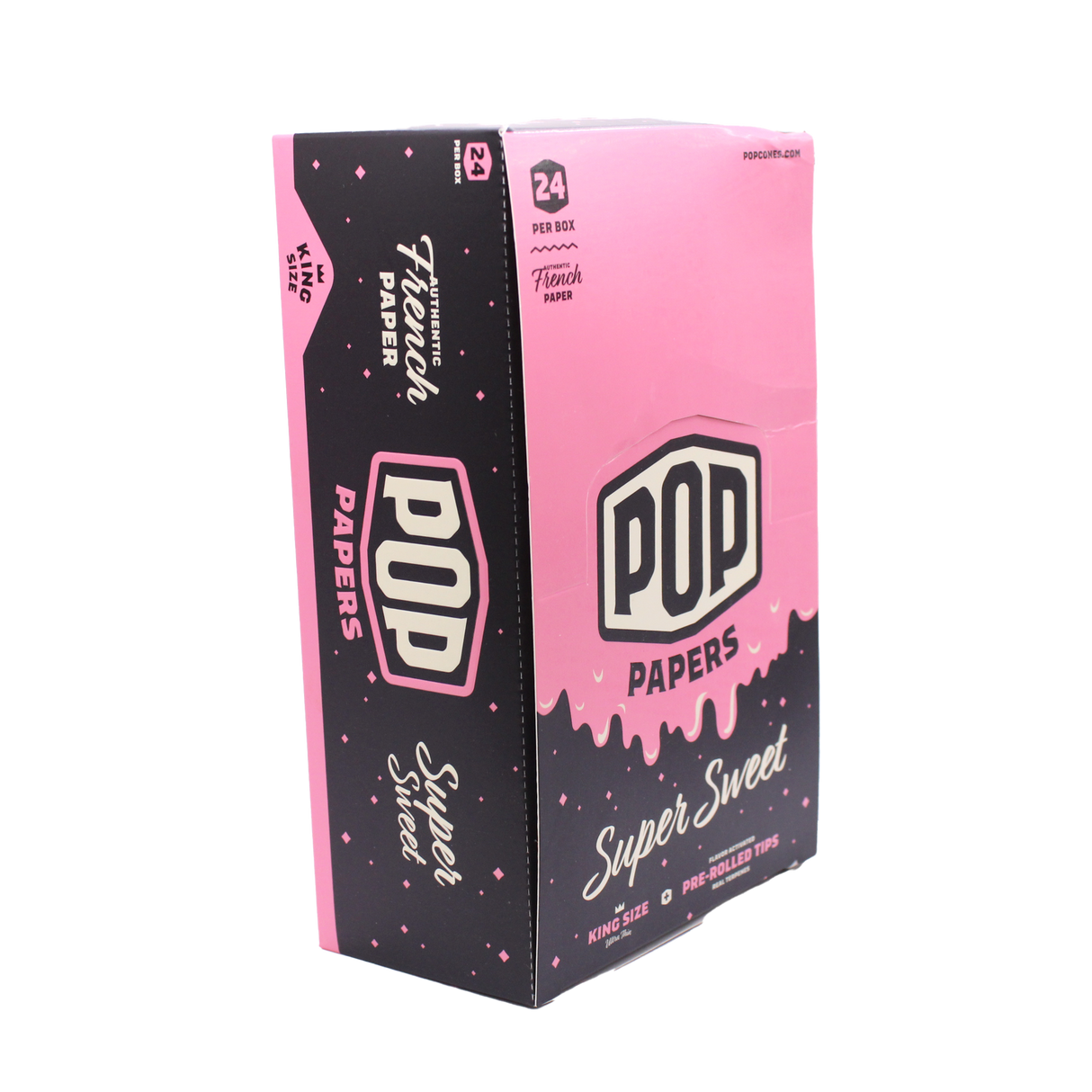Angled view of the POP Papers Super Sweet rolling papers display in bright pink. Each pack includes 32 king size leaves and 12 interactive squeeze-and-pop flavor tips.