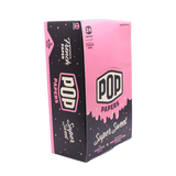 Angled view of the POP Papers Super Sweet rolling papers display in bright pink. Each pack includes 32 king size leaves and 12 interactive squeeze-and-pop flavor tips.