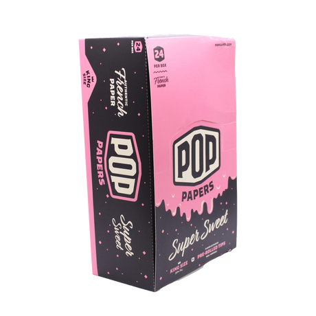 Angled view of the POP Papers Super Sweet rolling papers display in bright pink. Each pack includes 32 king size leaves and 12 interactive squeeze-and-pop flavor tips.