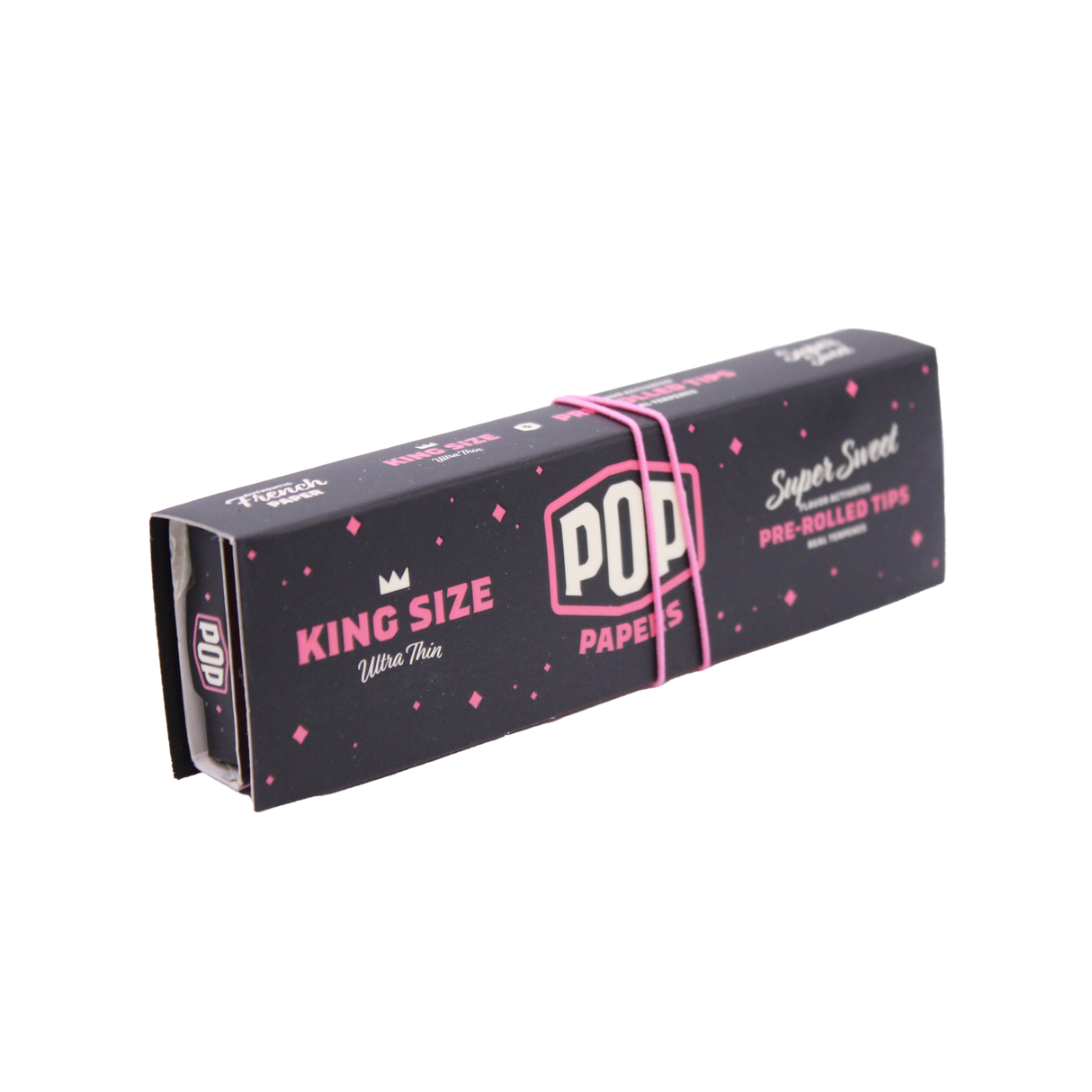 Angled overhead view of the pink POP Papers Super Sweet booklet. The crushable filter beads are filled with fruit-derived terpenes for customized taste.