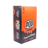 Angled view of the POP Papers Tropical Mango rolling papers display in bright orange. Each pack includes 32 king size leaves and 12 interactive squeeze-and-pop flavor tips.