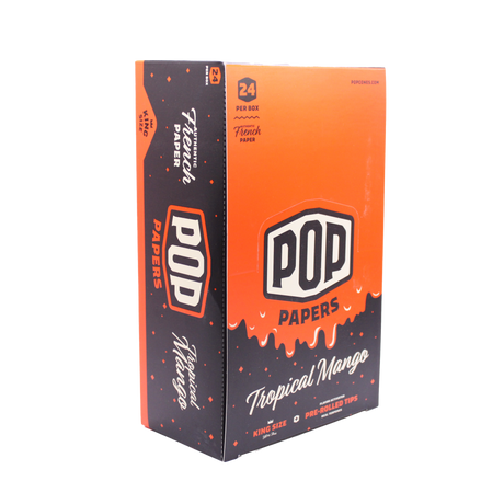 Angled view of the POP Papers Tropical Mango rolling papers display in bright orange. Each pack includes 32 king size leaves and 12 interactive squeeze-and-pop flavor tips.