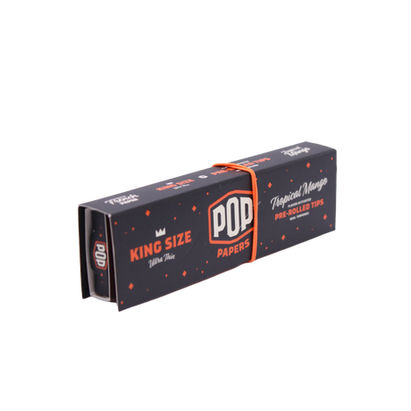 Angled overhead view of the orange POP Papers Tropical Mango booklet. The crushable filter beads are filled with fruit-derived terpenes for customized taste.