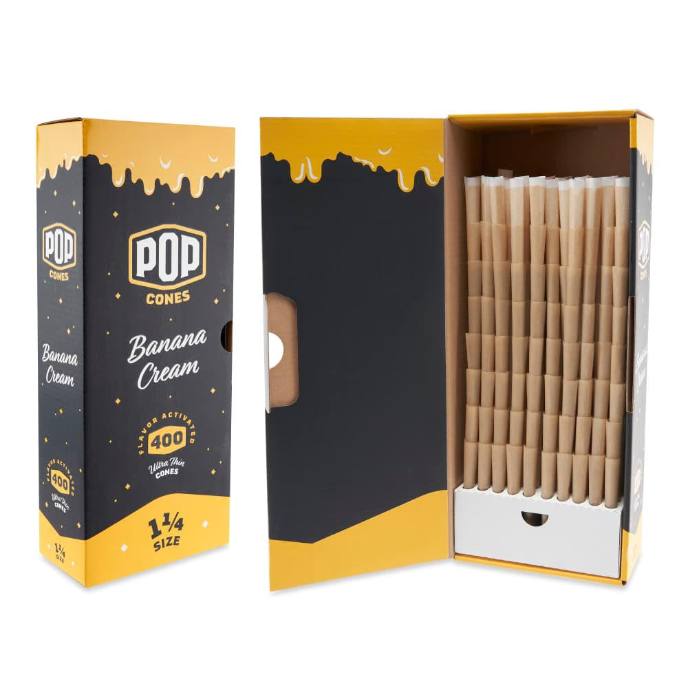 Front view of the Pop Cones ultra-thin 1 1/4 size 400ct bulk packaging in a branded cardboard carton. This massive 400-count wholesale box provides dispensaries, processors, and heavy consumers with an uninterrupted supply of premium pre-rolled cones.