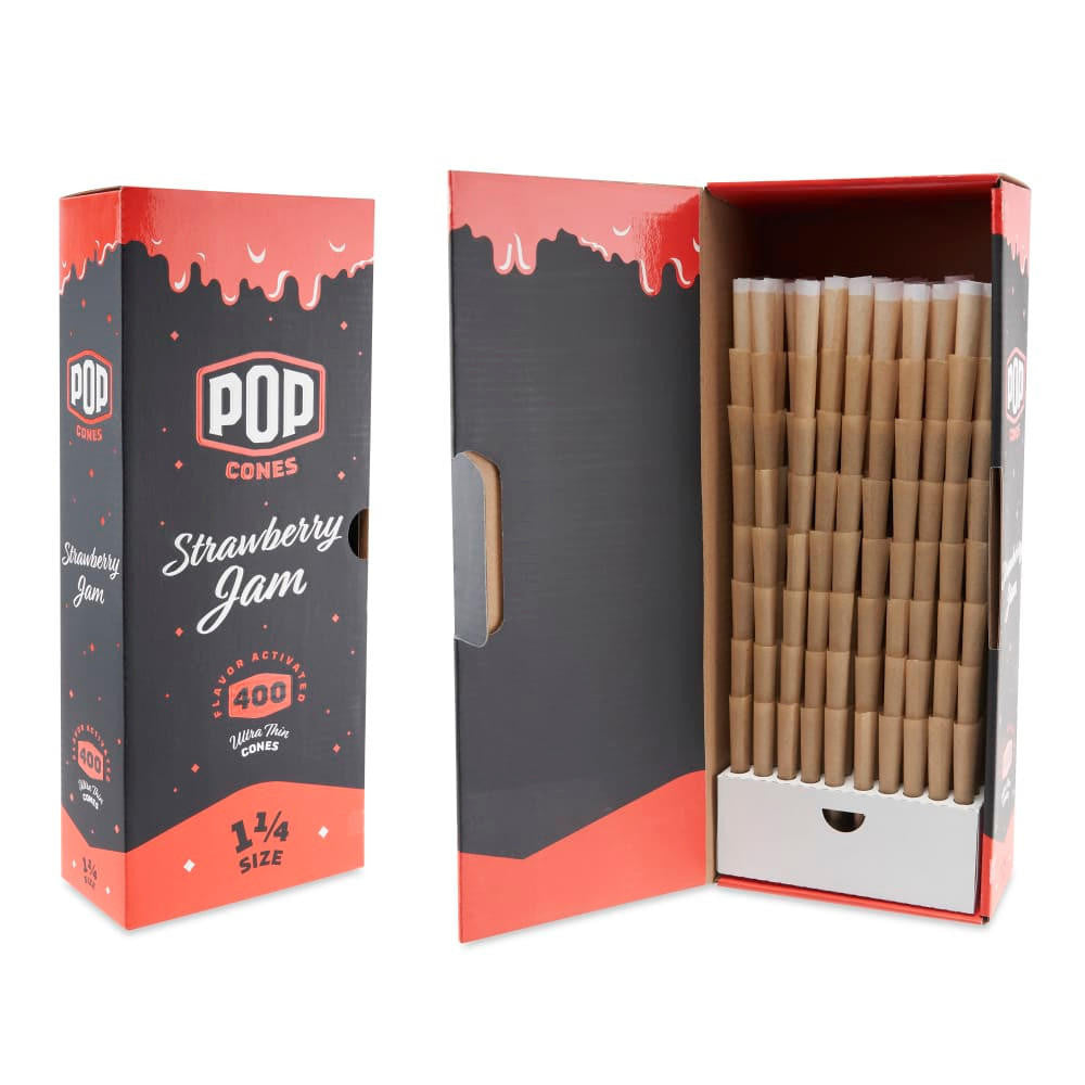 Front view of the Pop Cones ultra-thin 1 1/4 size 400ct bulk packaging in a branded cardboard carton. This massive 400-count wholesale box provides dispensaries, processors, and heavy consumers with an uninterrupted supply of premium pre-rolled cones.