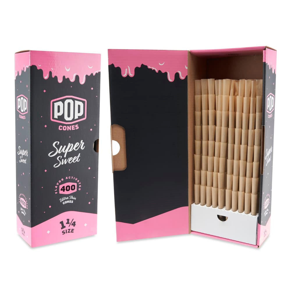 Front view of the Pop Cones ultra-thin 1 1/4 size 400ct bulk packaging in a branded cardboard carton. This massive 400-count wholesale box provides dispensaries, processors, and heavy consumers with an uninterrupted supply of premium pre-rolled cones.