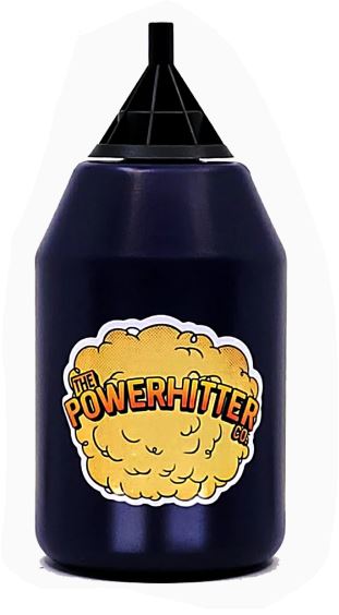 Front view of the classic blue PowerHitter squeeze bottle with a black cap. This iconic 70s-style smoking device safely encloses your pre-roll to deliver a continuous, contact-free stream of smoke.