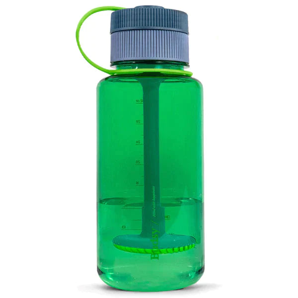 Front view of the Puffco Budsy disguised water pipe in the dark green Emerald colorway. This portable 1-liter bottle water pipe uses a discrete design and a hidden ceramic bowl to deliver filtered dry herb hits anywhere.