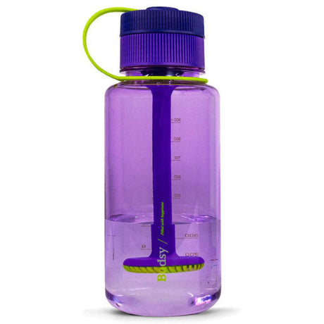 Front view of the Puffco Budsy disguised water pipe in the Voodoo colorway, featuring a dark smoky clear body with a purple lid accent. The unique design houses an unattached downstem and a flip-out mouthpiece inside the top screw cap.