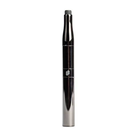 Front view of the fully assembled Puffco Plus Vaporizer Pen in its classic sleek matte Black Onyx finish. This pocket-sized pocket-nail utilizes a single button interface to control variable temperature settings for on-the-go wax sessions.