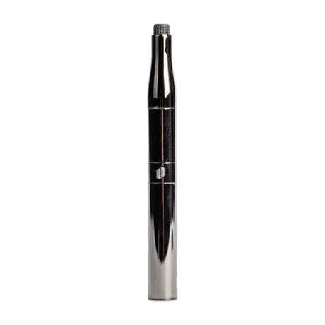 Front view of the fully assembled Puffco Plus Vaporizer Pen in its classic sleek matte Black Onyx finish. This pocket-sized pocket-nail utilizes a single button interface to control variable temperature settings for on-the-go wax sessions.