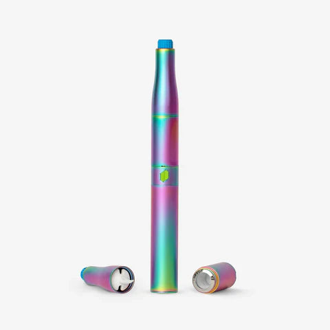 Front view of the fully assembled Puffco Plus Vaporizer Pen in its iridescent Rainbow Vision Edition finish. This premium concentrate vape pen features a coil-less ceramic chamber designed to deliver clean, smooth vapor without exposed metal wires.