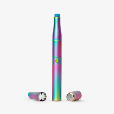 Front view of the fully assembled Puffco Plus Vaporizer Pen in its iridescent Rainbow Vision Edition finish. This premium concentrate vape pen features a coil-less ceramic chamber designed to deliver clean, smooth vapor without exposed metal wires.