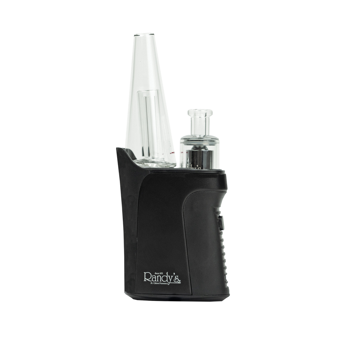 Front profile view of the Randy's Grip concentrate vaporizer e-rig in sleek matte black. This compact, highly ergonomic electronic rig is designed to fit comfortably in the palm of your hand for effortless, water-filtered dab sessions on the go.
