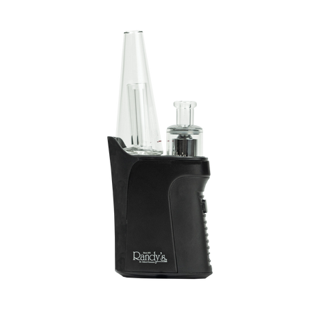 Front profile view of the Randy's Grip concentrate vaporizer e-rig in sleek matte black. This compact, highly ergonomic electronic rig is designed to fit comfortably in the palm of your hand for effortless, water-filtered dab sessions on the go.