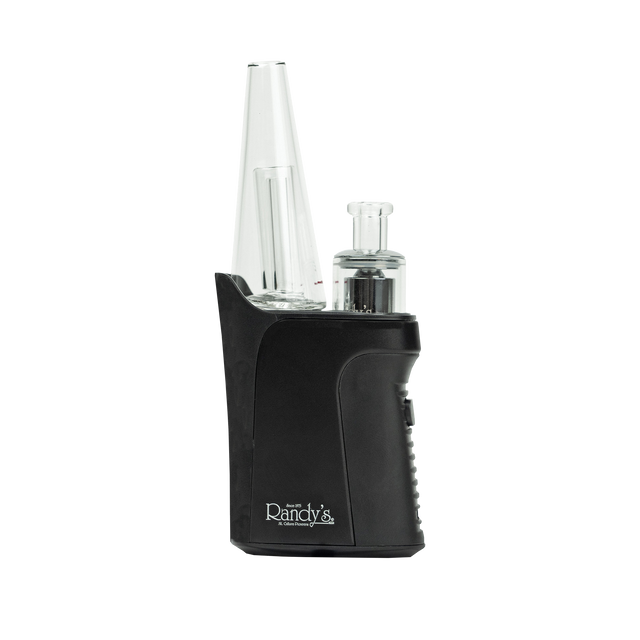 Front profile view of the Randy's Grip concentrate vaporizer e-rig in sleek matte black. This compact, highly ergonomic electronic rig is designed to fit comfortably in the palm of your hand for effortless, water-filtered dab sessions on the go.