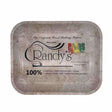 Top down view of the Randy's Large Roots Metal Rolling Tray featuring the heritage earth-toned organic hemp branding logo across a smooth metal surface. This spacious preparation workspace is designed with high walls and curved edges to keep your papers, grinders, and smoking accessories organized.