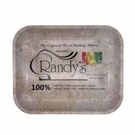 Top down view of the Randy's Large Roots Metal Rolling Tray featuring the heritage earth-toned organic hemp branding logo across a smooth metal surface. This spacious preparation workspace is designed with high walls and curved edges to keep your papers, grinders, and smoking accessories organized.