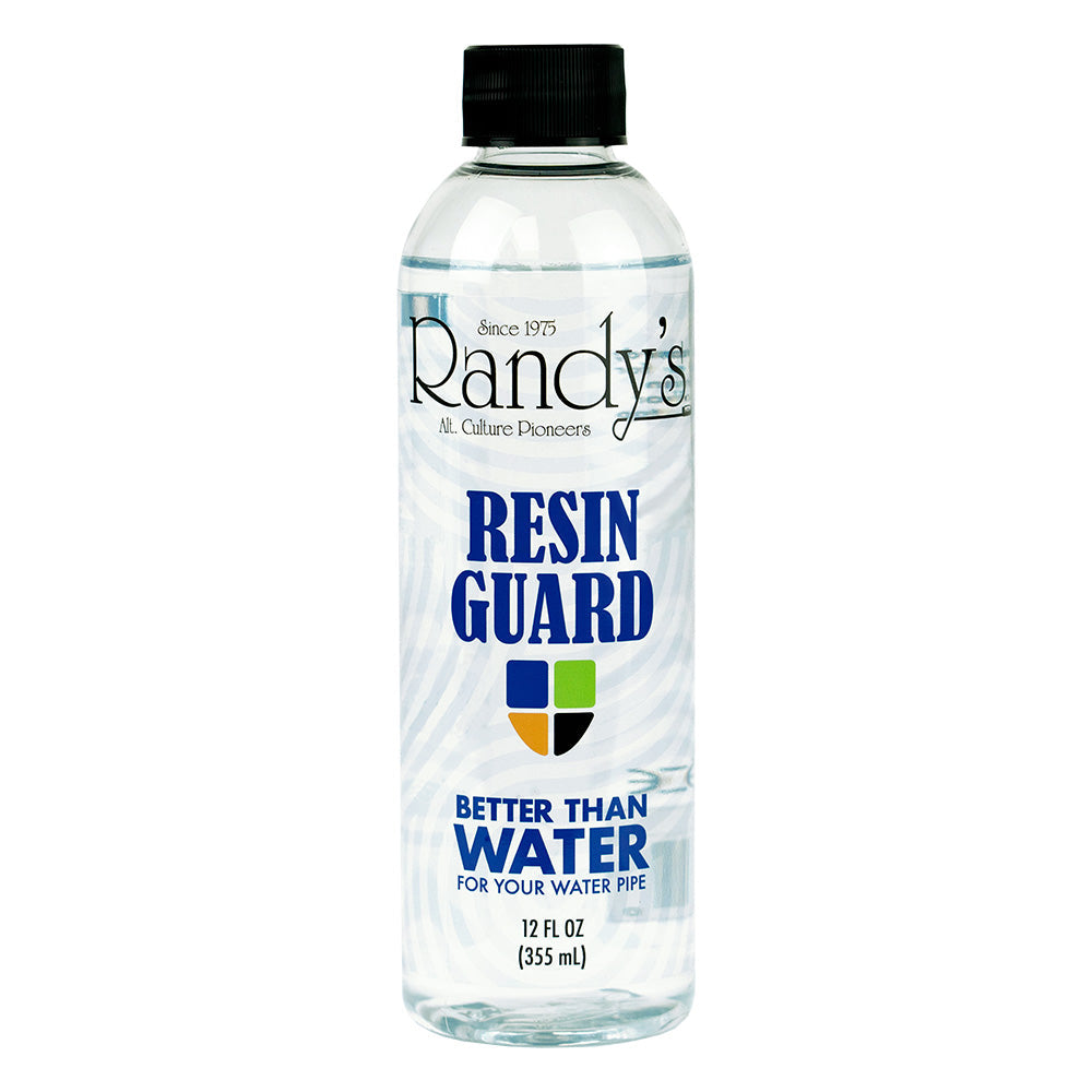 Front view of the Randy's Resin Guard 12oz Liquid bottle in clear plastic with a vibrant green and white label. This innovative water pipe additive is mixed directly into your rig's water chamber to actively prevent sticky resin buildup on the glass during smoking sessions.