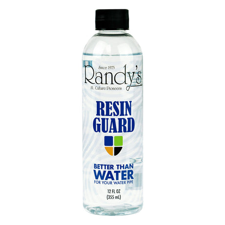 Front view of the Randy's Resin Guard 12oz Liquid bottle in clear plastic with a vibrant green and white label. This innovative water pipe additive is mixed directly into your rig's water chamber to actively prevent sticky resin buildup on the glass during smoking sessions.