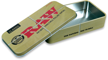 view of the RAW tin box exterior and internal. A sturdy case for all your smoking essentials.