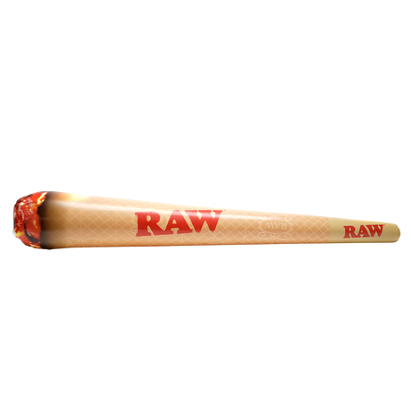 Front angled view of the RAW 10-Foot Inflatable Cone Display Prop in natural light brown. This massive, eye-catching inflatable replica of a classic RAW pre-roll is perfect for smoke shop window displays, trade shows, and festival events to instantly draw in a crowd.