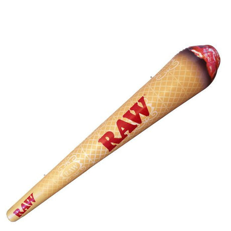 Close-up view of the RAW 10-Foot Inflatable Cone Display Prop's filter tip area in light brown with prominent red branding. Crafted from heavy-duty vinyl, this giant novelty prop accurately mimics the iconic unrefined paper look of a real joint to maximize brand recognition.