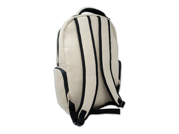 Back view of the RAW Authentic X backpack in natural burlap. This scent-trapping transport bag is equipped with padded shoulder straps and a cushioned back panel to distribute weight evenly for an ergonomic carry.
