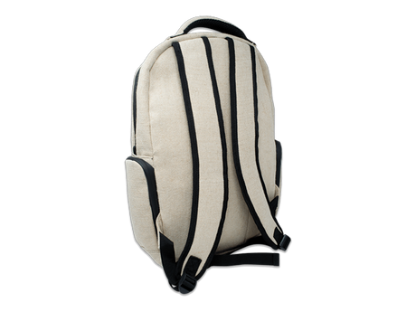Back view of the RAW Authentic X backpack in natural burlap. This scent-trapping transport bag is equipped with padded shoulder straps and a cushioned back panel to distribute weight evenly for an ergonomic carry.