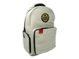 Front view of the RAW Authentic X backpack in natural burlap. This premium travel accessory features a six-layer carbon foam and foil blend with double-gasketed silicone zippers to completely contain interior scents.