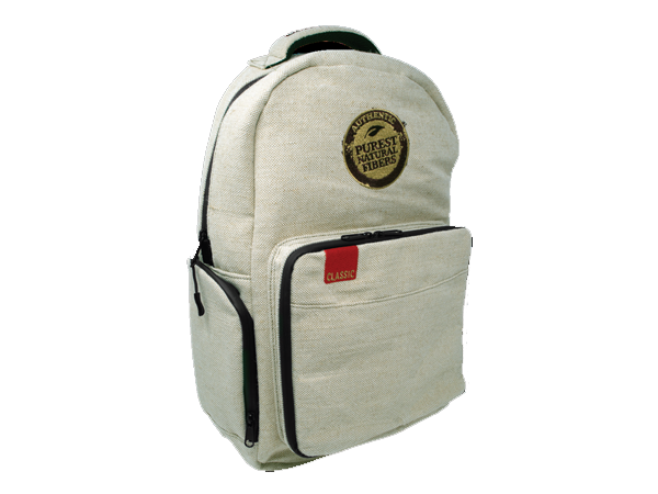 Front view of the RAW Authentic X backpack in natural burlap. This premium travel accessory features a six-layer carbon foam and foil blend with double-gasketed silicone zippers to completely contain interior scents.