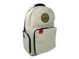 Front view of the RAW Authentic X backpack in natural burlap. This premium travel accessory features a six-layer carbon foam and foil blend with double-gasketed silicone zippers to completely contain interior scents.