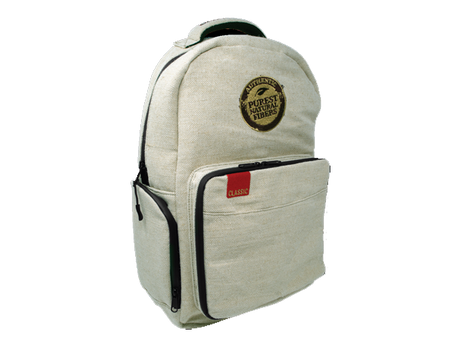 Front view of the RAW Authentic X backpack in natural burlap. This premium travel accessory features a six-layer carbon foam and foil blend with double-gasketed silicone zippers to completely contain interior scents.