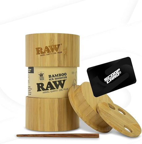 Front angled view of the RAW Bamboo Six Shooter Cone Filler in natural light wood grain. Crafted from premium, eco-friendly bamboo, this device serves as both a variable cone filling machine and a protective storage container for pre-rolls.