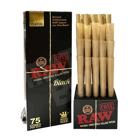 Front angled view of the RAW Black Classic Cones King Size 75 Count Box in sleek black and gold packaging. Made from RAW's thinnest double-pressed unbleached natural paper, these pre-rolled king size cones deliver an exceptionally clean, slow-burning smoke for larger sessions.